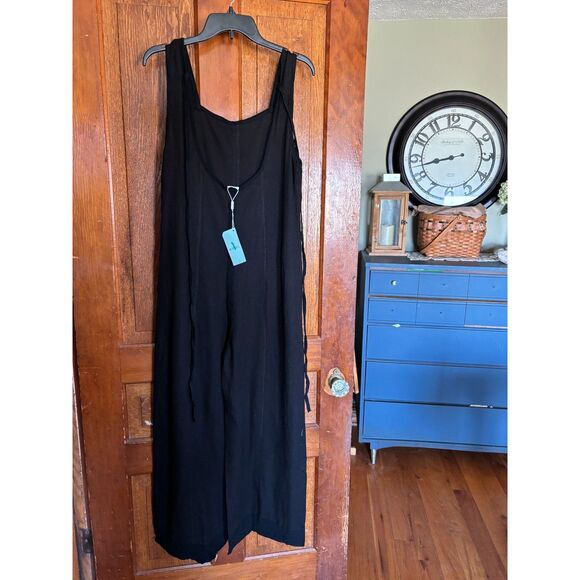 Black Wide-Leg Waffle Knit Romper Jumpsuit w/ Pockets & Open Tie-Back Summer - Picture 2 of 8